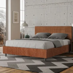 Letto 160x210cm matrimoniale con testiera imbottita in tessuto arancio LIT409