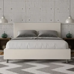 Letto 160x210cm matrimoniale con testiera imbottita in similpelle bianco LIT405