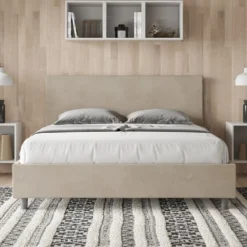 Letto 160x190cm matrimoniale con testiera imbottita in microfibra sabbia beige LIT387