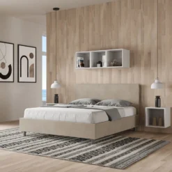 Letto 160x190cm matrimoniale con testiera imbottita in microfibra sabbia beige LIT387