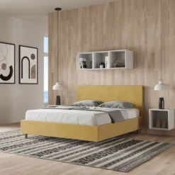 Letto 160x190cm matrimoniale con testiera imbottita in microfibra ocra LIT387