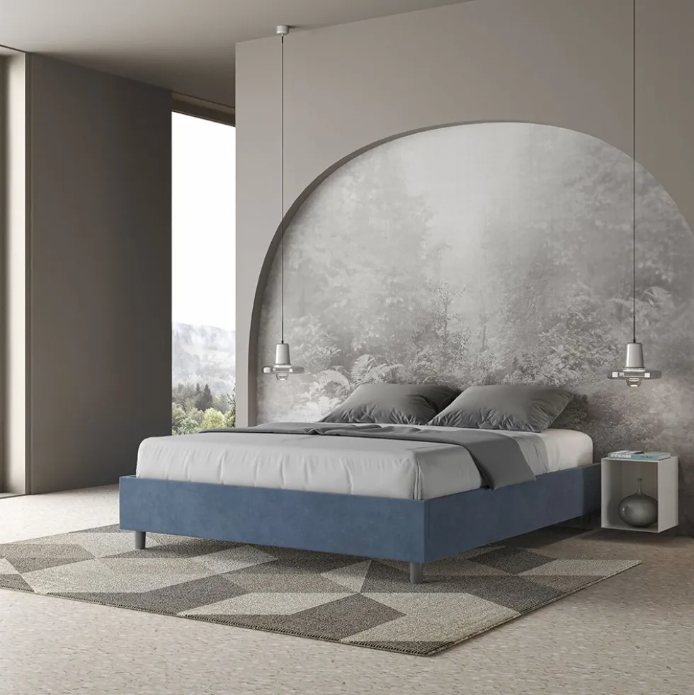 Letto 160x200cm matrimoniale sommier in microfibra blu LIT367
