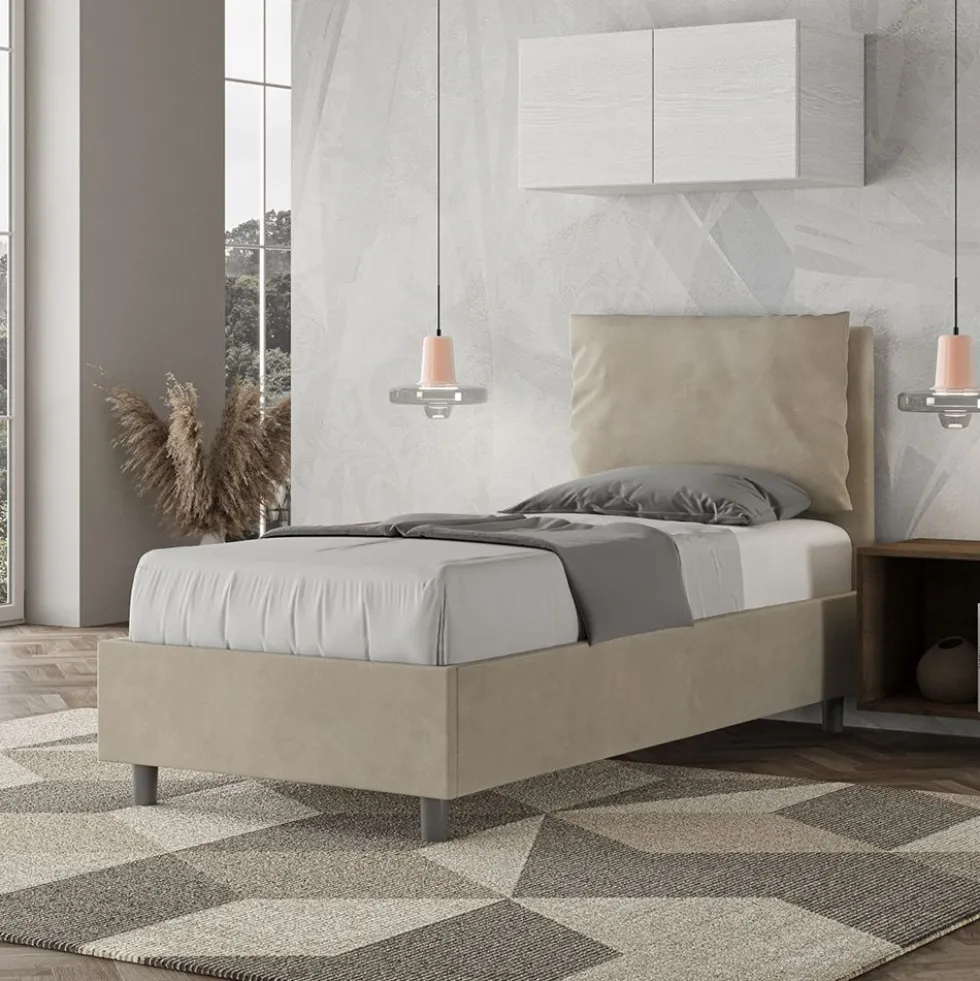 Letto 80x200cm singolo con giroletto imbottito in microfibra sabbia beige LIT31