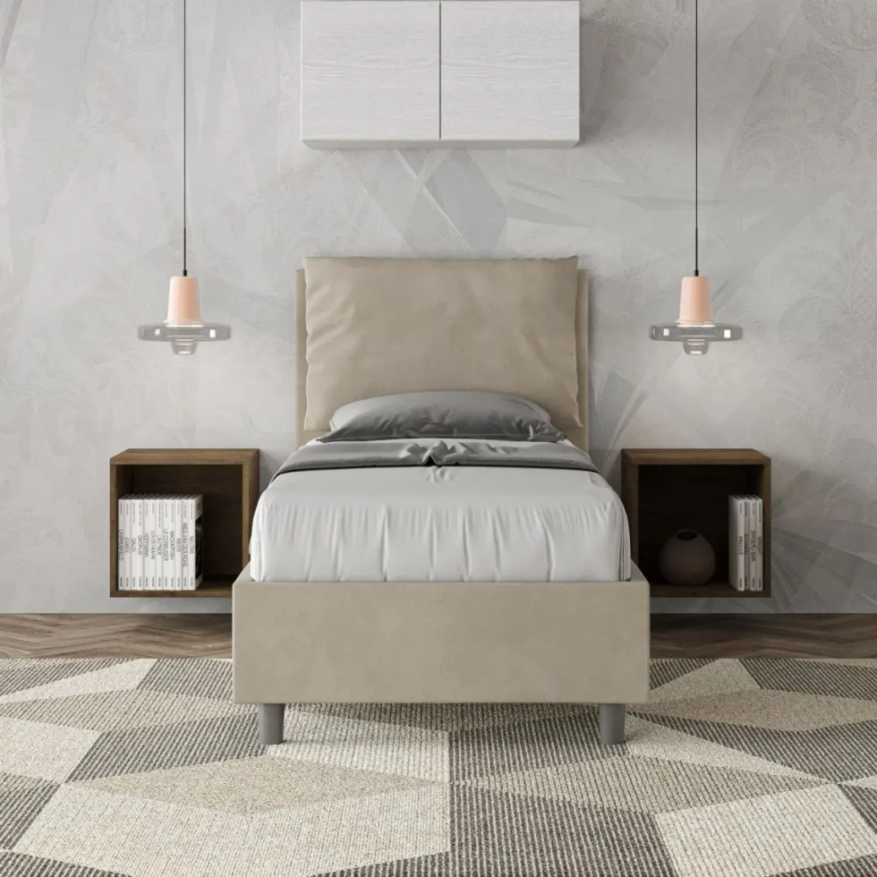 Letto 80x200cm singolo con giroletto imbottito in microfibra sabbia beige LIT31