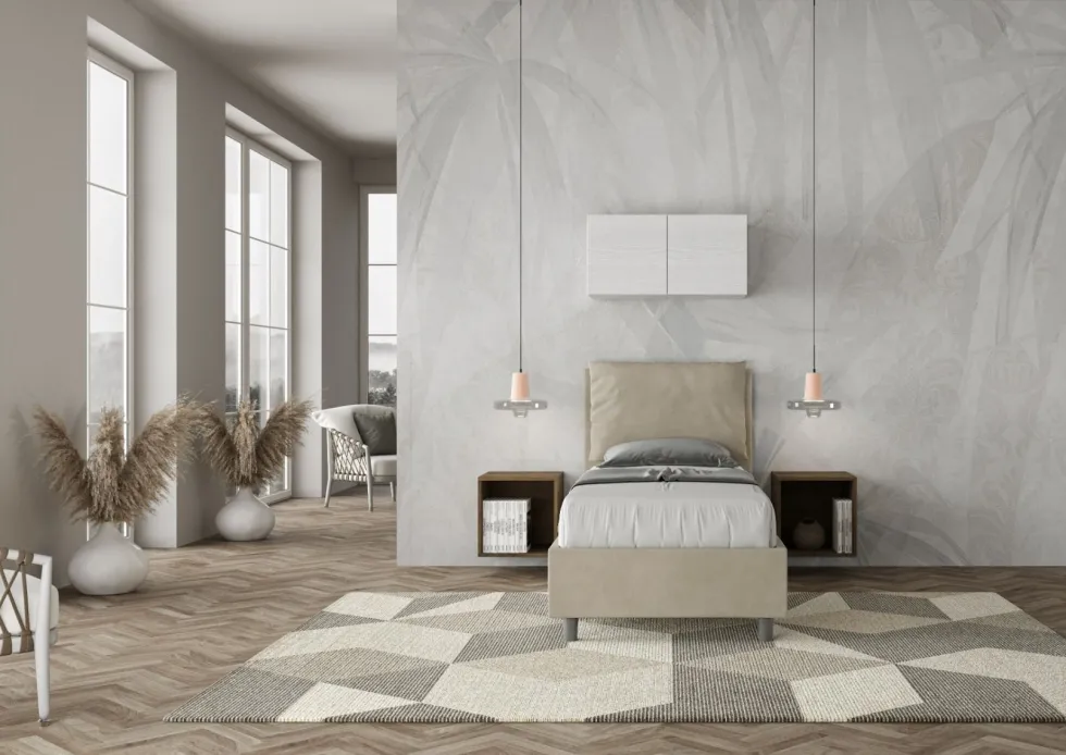 Letto 80x200cm singolo con giroletto imbottito in microfibra sabbia beige LIT31