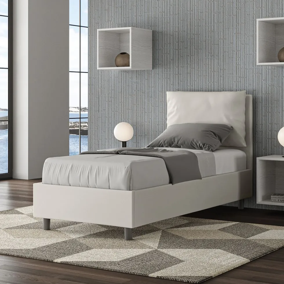 Letto 80x210cm singolo con giroletto imbottito in similpelle bianco LIT33