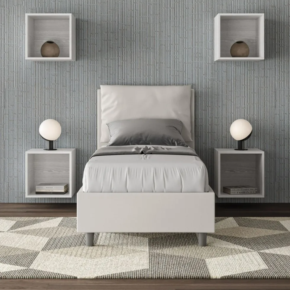 Letto 80x210cm singolo con giroletto imbottito in similpelle bianco LIT33