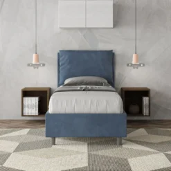 Letto 80x190cm singolo con giroletto imbottito in microfibra blu LIT27