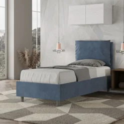 Letto 80x190cm singolo con giroletto imbottito in microfibra blu LIT27