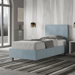 Letto 80x190cm singolo contenitore con testiera liscia in microfibra azzurro LIT16