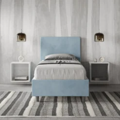 Letto 80x190cm singolo contenitore con testiera liscia in microfibra azzurro LIT16