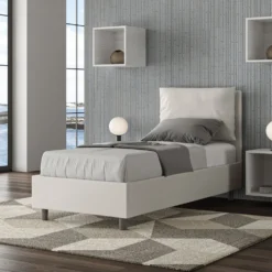 Letto 80x190cm singolo contenitore con giroletto imbottito in similpelle bianco LIT26