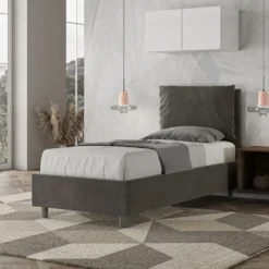 Letto 80x190cm singolo contenitore con giroletto imbottito in microfibra grigio LIT28