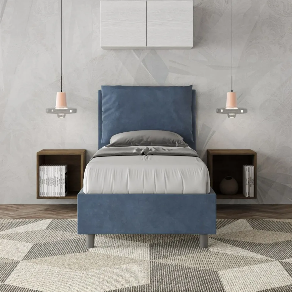 Letto 80x210cm singolo contenitore con giroletto imbottito in microfibra blu LIT36