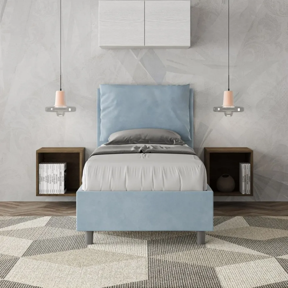 Letto 80x210cm singolo contenitore con giroletto imbottito in microfibra azzurro LIT36