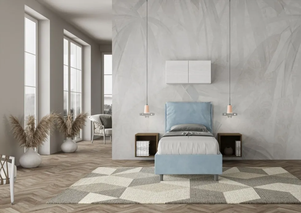 Letto 80x200cm singolo contenitore con giroletto imbottito in microfibra azzurro LIT32