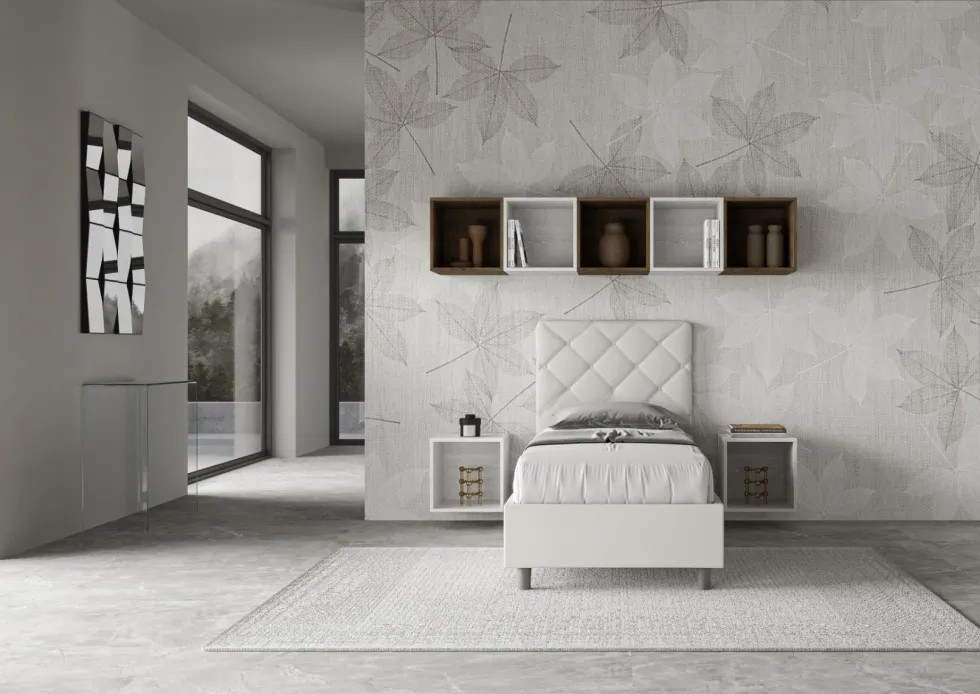 Letto 80x190cm singolo con testiera trapuntata design a rombo bianco LIT67