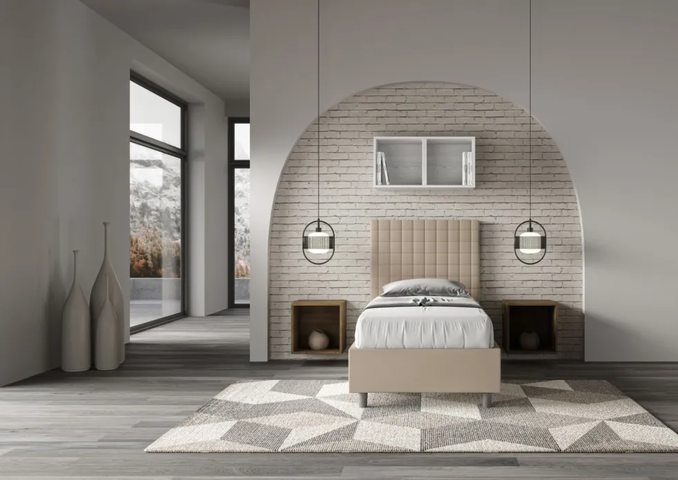 Letto 80x190cm singolo con testiera a quadretti in similpelle tortora LIT61