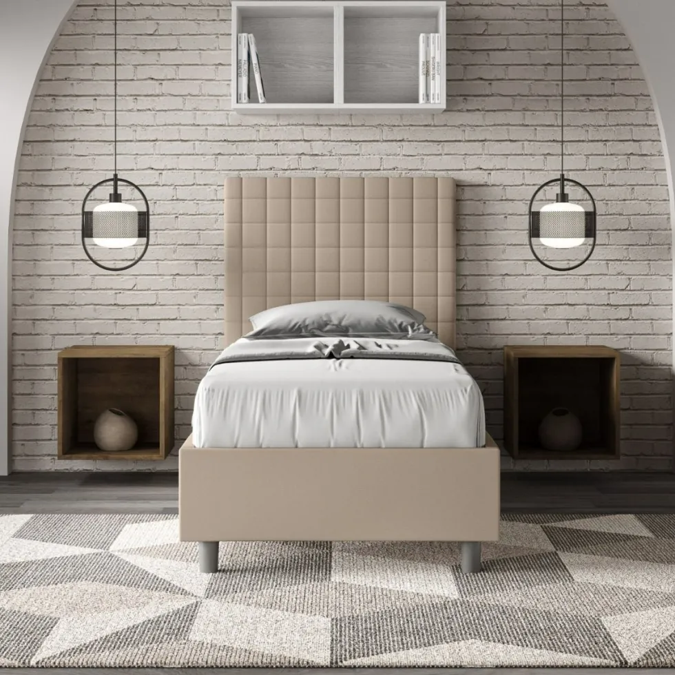 Letto 80x190cm singolo con testiera a quadretti in similpelle tortora LIT61