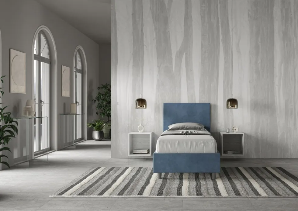 Letto 90x190cm singolo con testiera liscia in microfibra blu LIT99