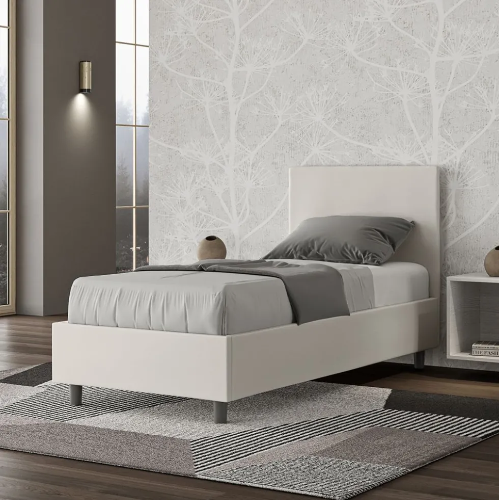 Letto 80x210cm singolo con testiera liscia in similpelle bianco LIT21