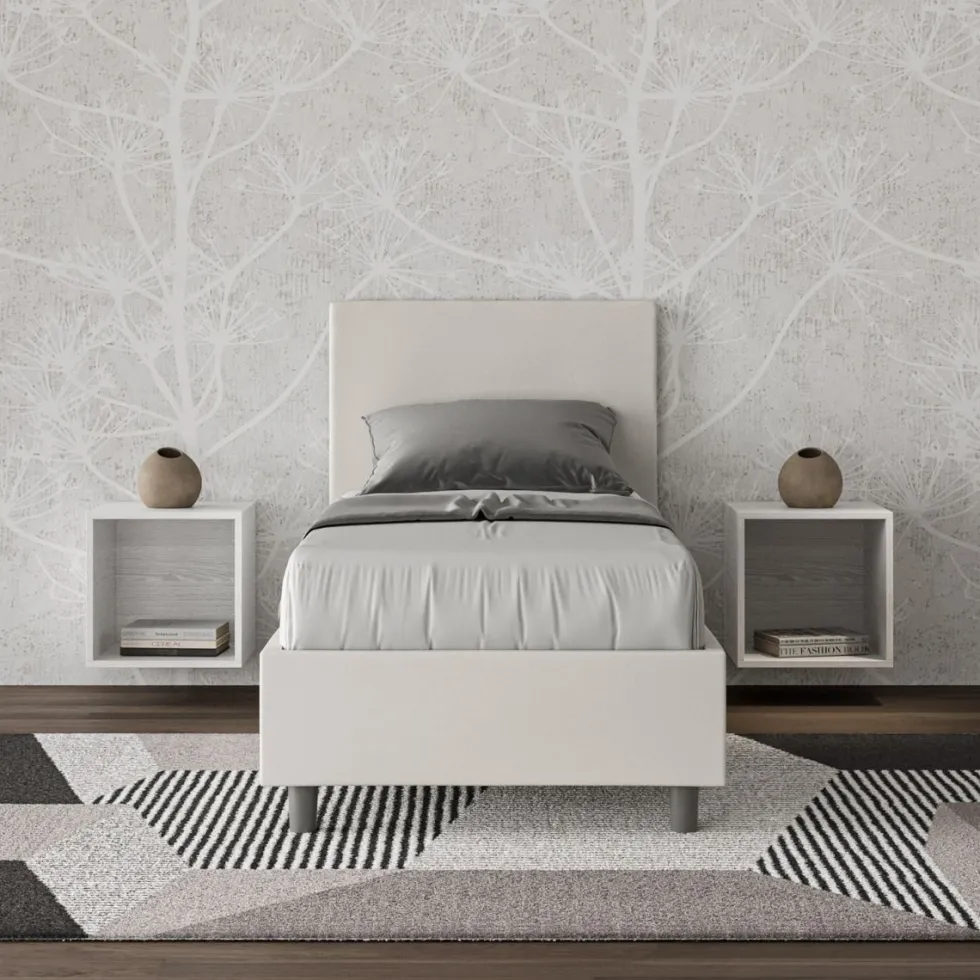 Letto 80x200cm singolo con testiera liscia in similpelle bianco LIT17