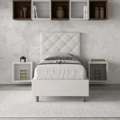 Letto 80x200cm singolo con testiera trapuntata design a rombo bianco LIT69