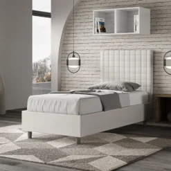 Letto 80x200cm singolo con testiera a quadretti in similpelle bianco LIT63