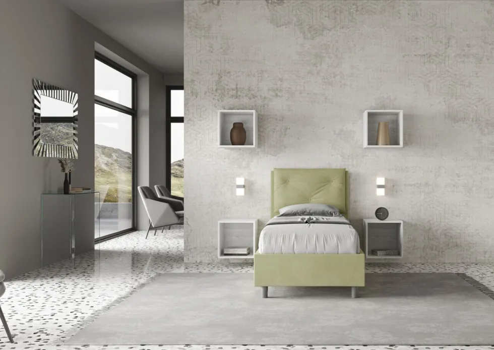 Letto 90x200cm singolo con tre bottoni in microfibra tè verde LIT113