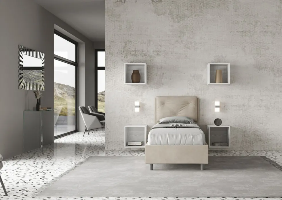 Letto 90x200cm singolo con tre bottoni in microfibra sabbia beige LIT113