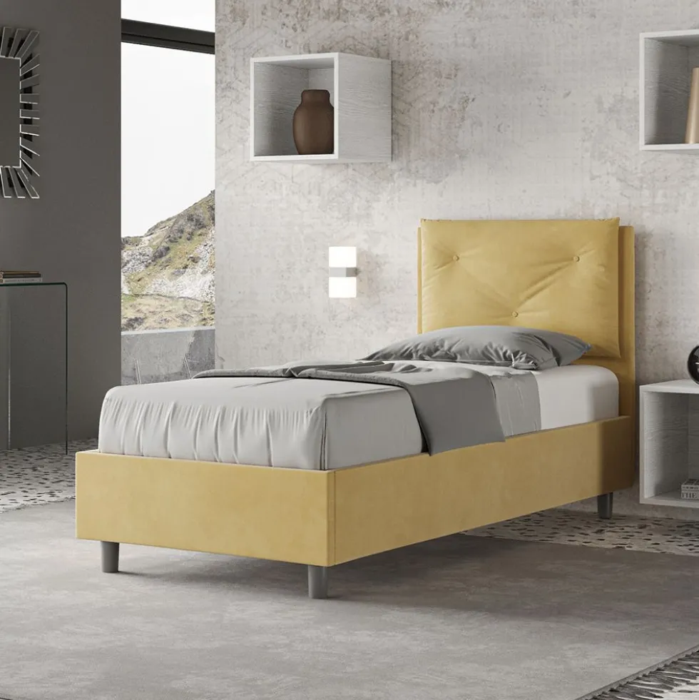 Letto 90x200cm singolo con tre bottoni in microfibra ocra LIT113