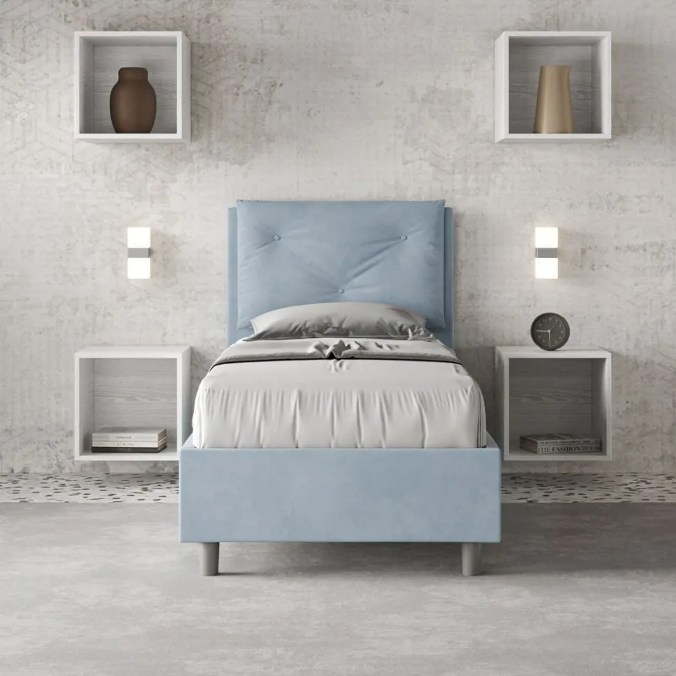 Letto 80x210cm singolo con tre bottoni in microfibra azzurro LIT53