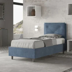 Letto 90x210cm singolo con tre bottoni in microfibra blu LIT115