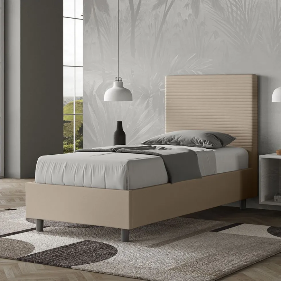 Letto 90x200cm singolo imbottito in similpelle tortora LIT119