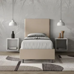 Letto 90x200cm singolo imbottito in similpelle tortora LIT119