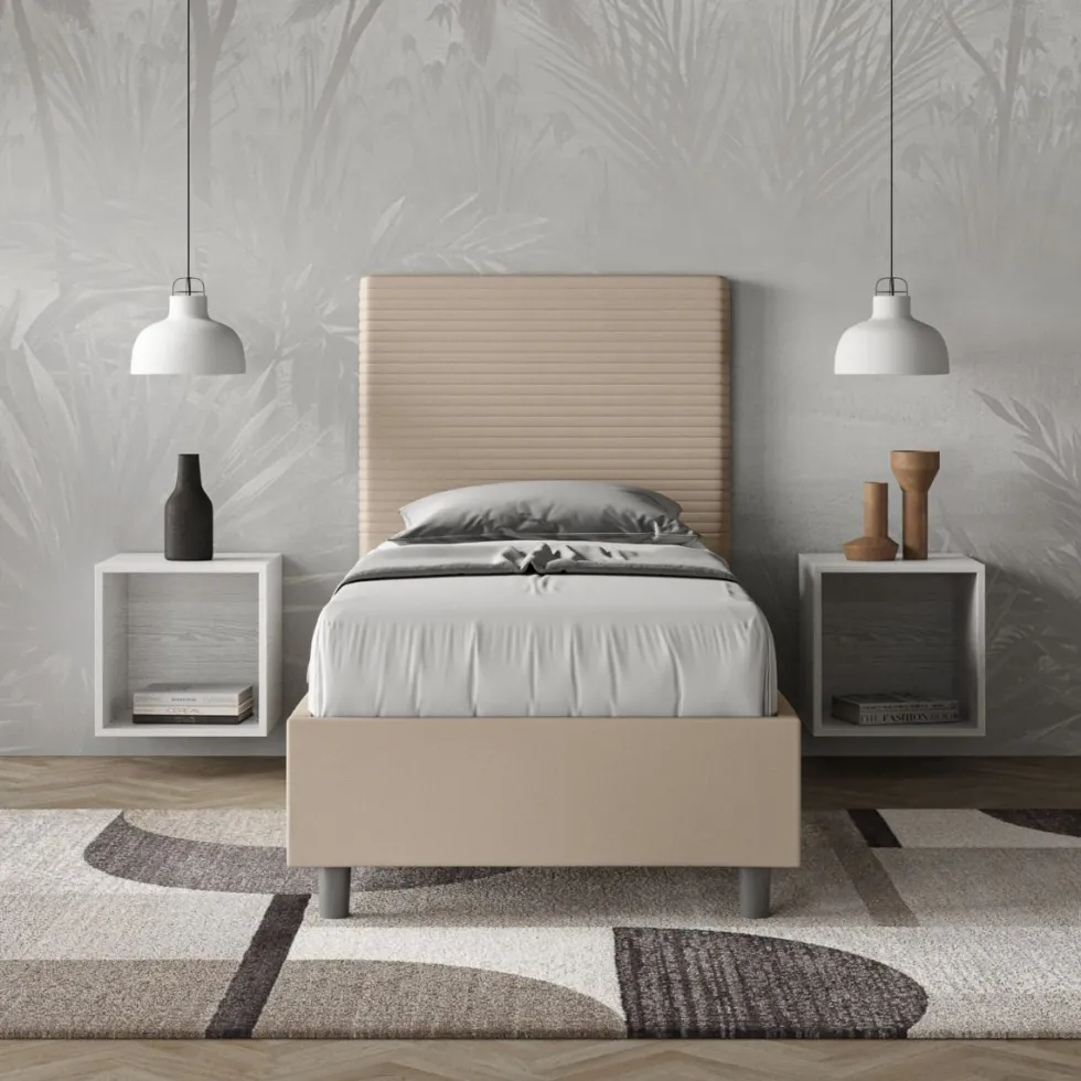 Letto 90x200cm singolo imbottito in similpelle tortora LIT119