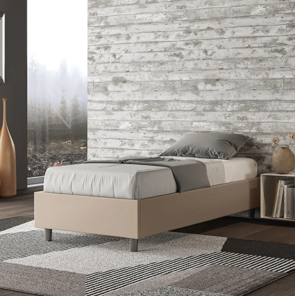 Letto 80x190cm singolo sommier in similpelle tortora LIT1