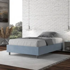 Letto 120x190cm una piazza e mezza sommier in microfibra azzurro LIT137
