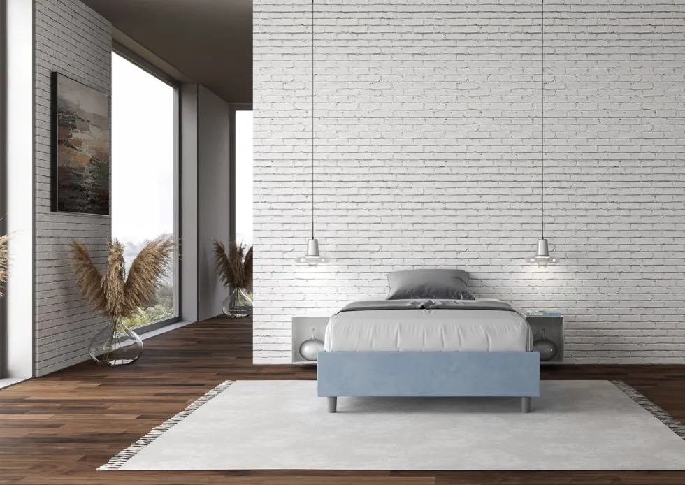 Letto 120x190cm una piazza e mezza sommier in microfibra azzurro LIT137