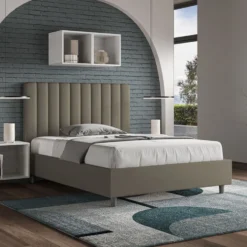 Letto 120x210cm una piazza e mezzo con testiera trapuntata in similpelle cappuccino LIT233