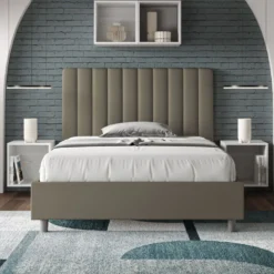 Letto 120x210cm una piazza e mezzo con testiera trapuntata in similpelle cappuccino LIT233