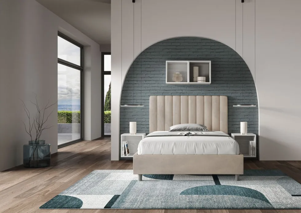 Letto 120x200cm una piazza e mezzo con testiera trapuntata in microfibra sabbia beige LIT231