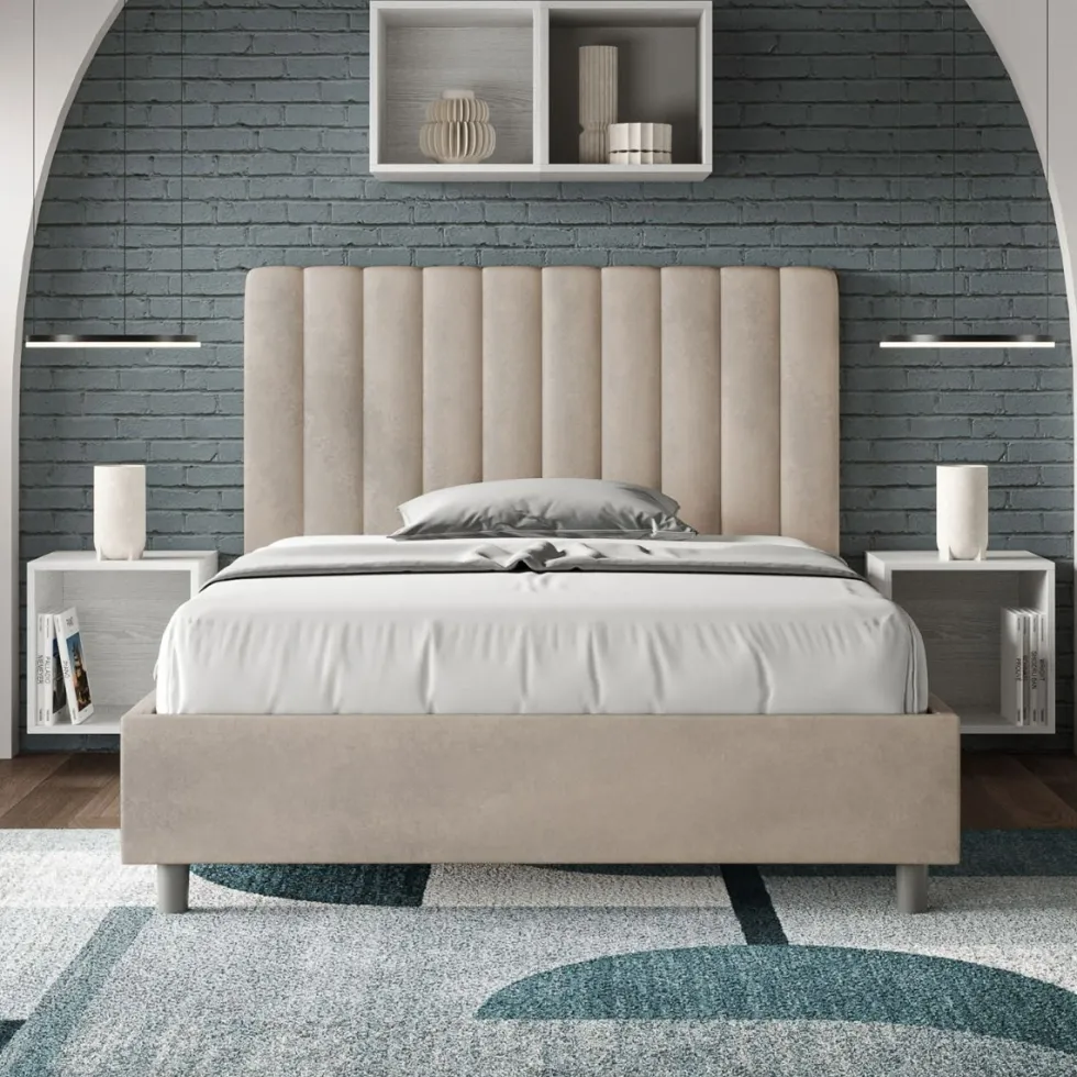 Letto 120x200cm una piazza e mezzo con testiera trapuntata in microfibra sabbia beige LIT231