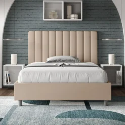 Letto 120x200cm una piazza e mezzo con testiera trapuntata in similpelle tortora LIT229