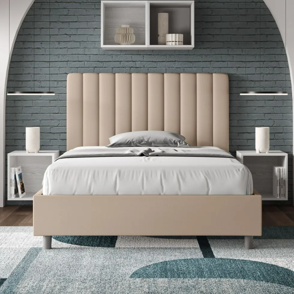 Letto 120x200cm una piazza e mezzo con testiera trapuntata in similpelle tortora LIT229