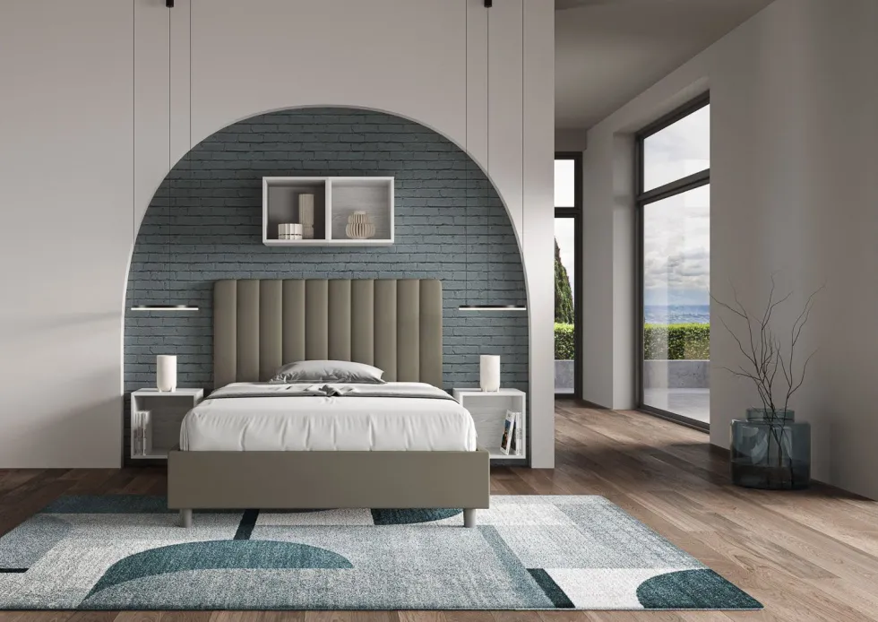 Letto 120x200cm una piazza e mezzo con testiera trapuntata in similpelle cappuccino LIT229