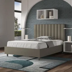 Letto 120x200cm una piazza e mezzo con testiera trapuntata in similpelle cappuccino LIT229