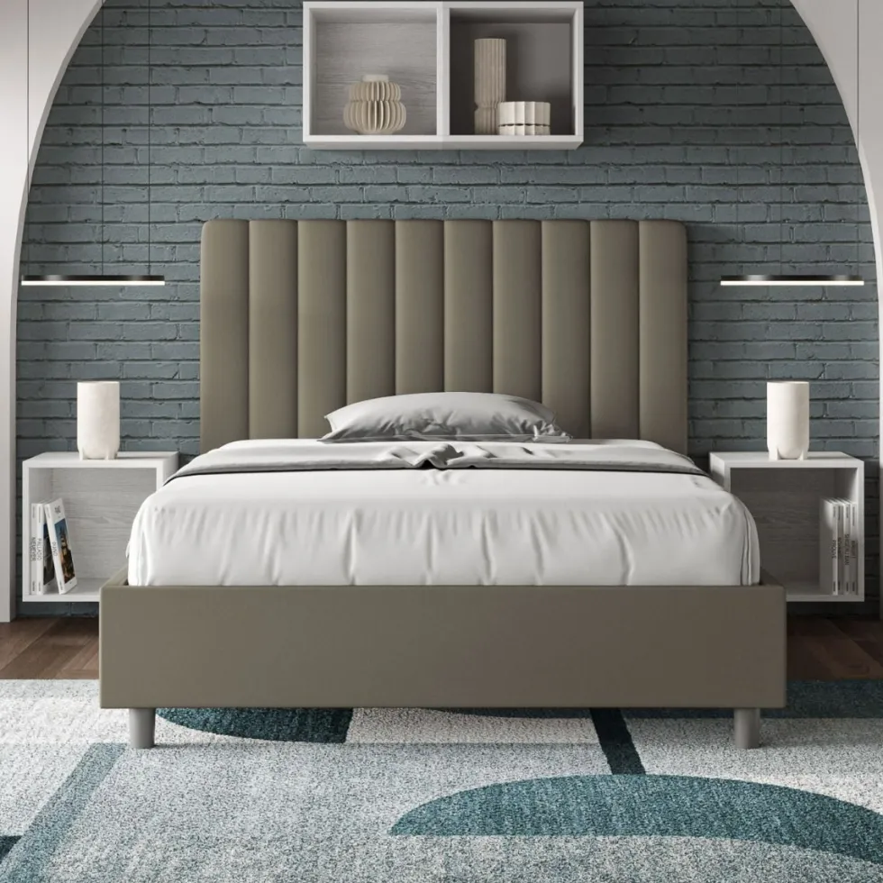 Letto 120x200cm una piazza e mezzo con testiera trapuntata in similpelle cappuccino LIT229