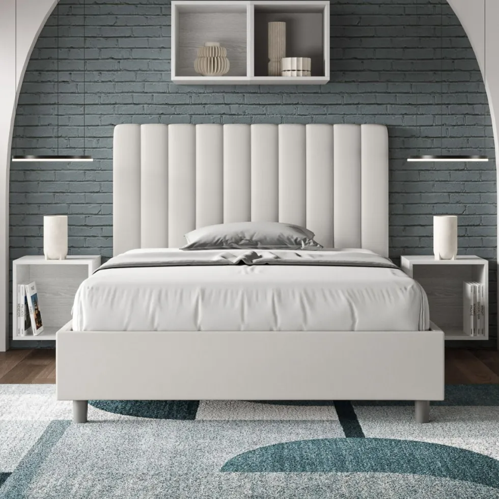 Letto 120x200cm una piazza e mezzo con testiera trapuntata in similpelle bianco LIT229