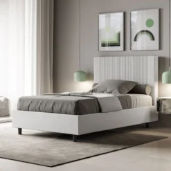 Letto 120x210cm una piazza e mezzo con testiera a linee verticali bianco LIT223